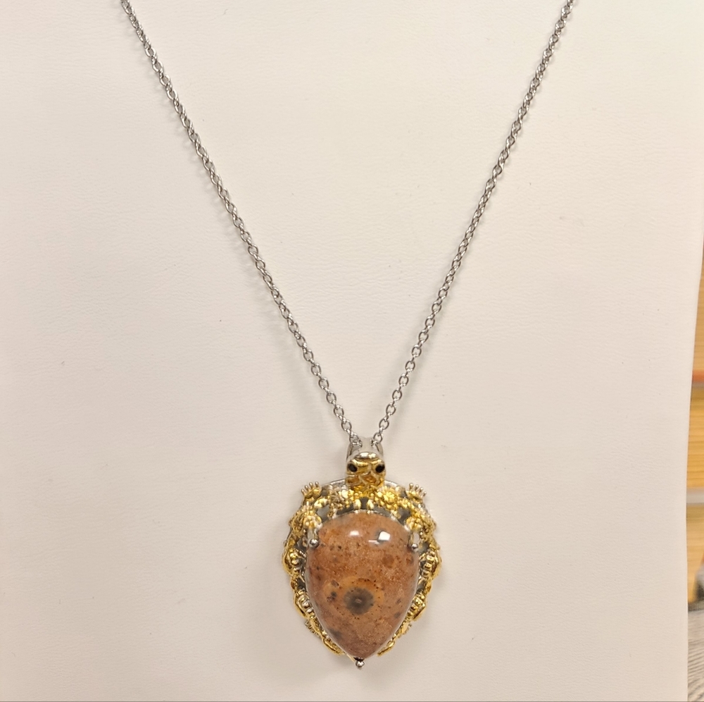 Cute Turtle Tortoise Rhyolite Stone‎ Stamped Karis STS Pendant Chain Necklace